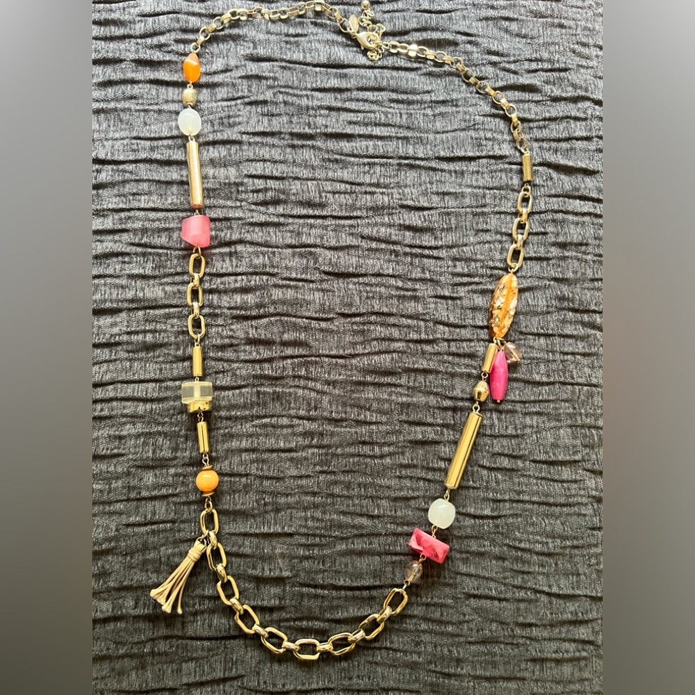 Pink orange gold necklace Chicos statement long acrylic